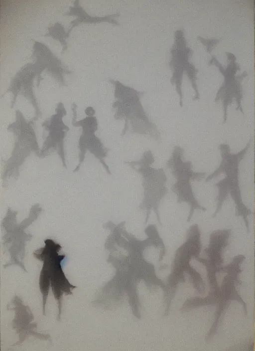 Image similar to hazy silhouettes of figures from baroque paintings on a white background