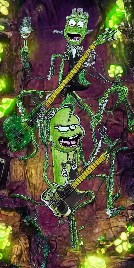 Prompt: Pickle Rick playing a gothic guitar, highly detailed in 4k
