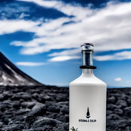 Image similar to symmetrical photo of small bottle standing in front volcano, products shot