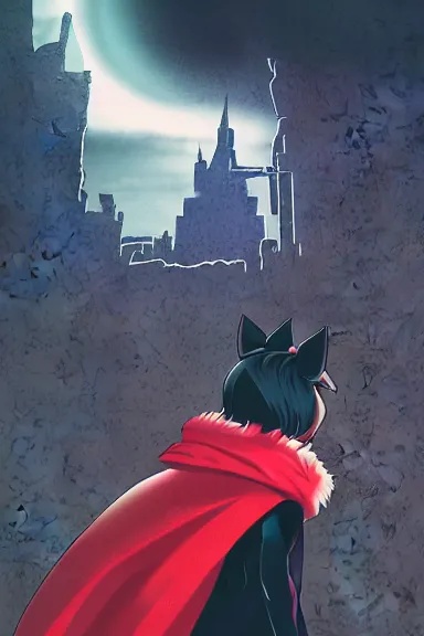 Image similar to little boy with cat ears in an black outfit with red cape. digital artwork made by lois van baarle and kentaro miura, sharpness focus, inspired by hirohiko araki, anatomically correct, heroic composition, hero pose, smooth, night city, illuminati