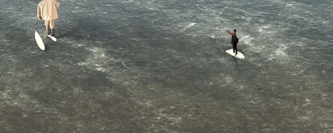 Image similar to cinematic rendering of a man standing stiff on a surfboard while he fishes aggressively with a long fishing pole to reel in something underwater only revealed by a large brutish shark fin