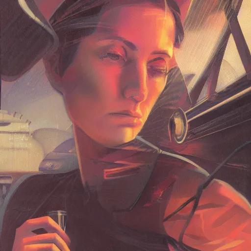 Image similar to detailed face of a woman, clockwork, moment, tectonic sky, skydome, bullet train, turbines, utopian, tech noir, wet reflections, prism, atmospheric, ambient, pj crook, syd mead, livia prima, greg rutkowski, edward hopper