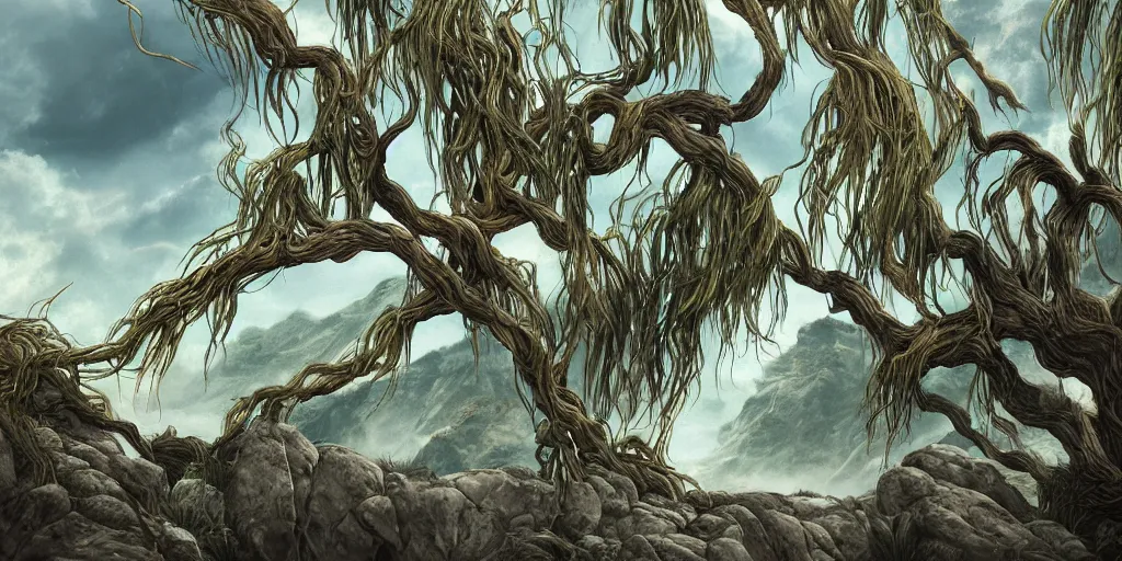 Prompt: bent moaning windswept willows growing on rocks, high quality fantasy art, 4k