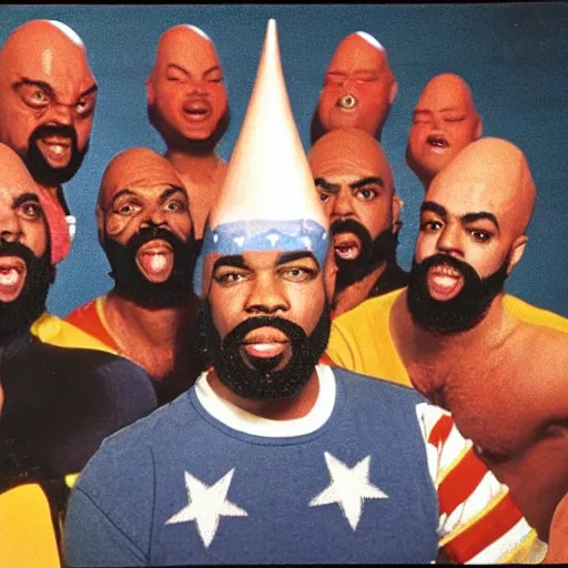 Prompt: conehead mr. t pop band, detailed facial expressions, 1 9 8 0 s aesthetic