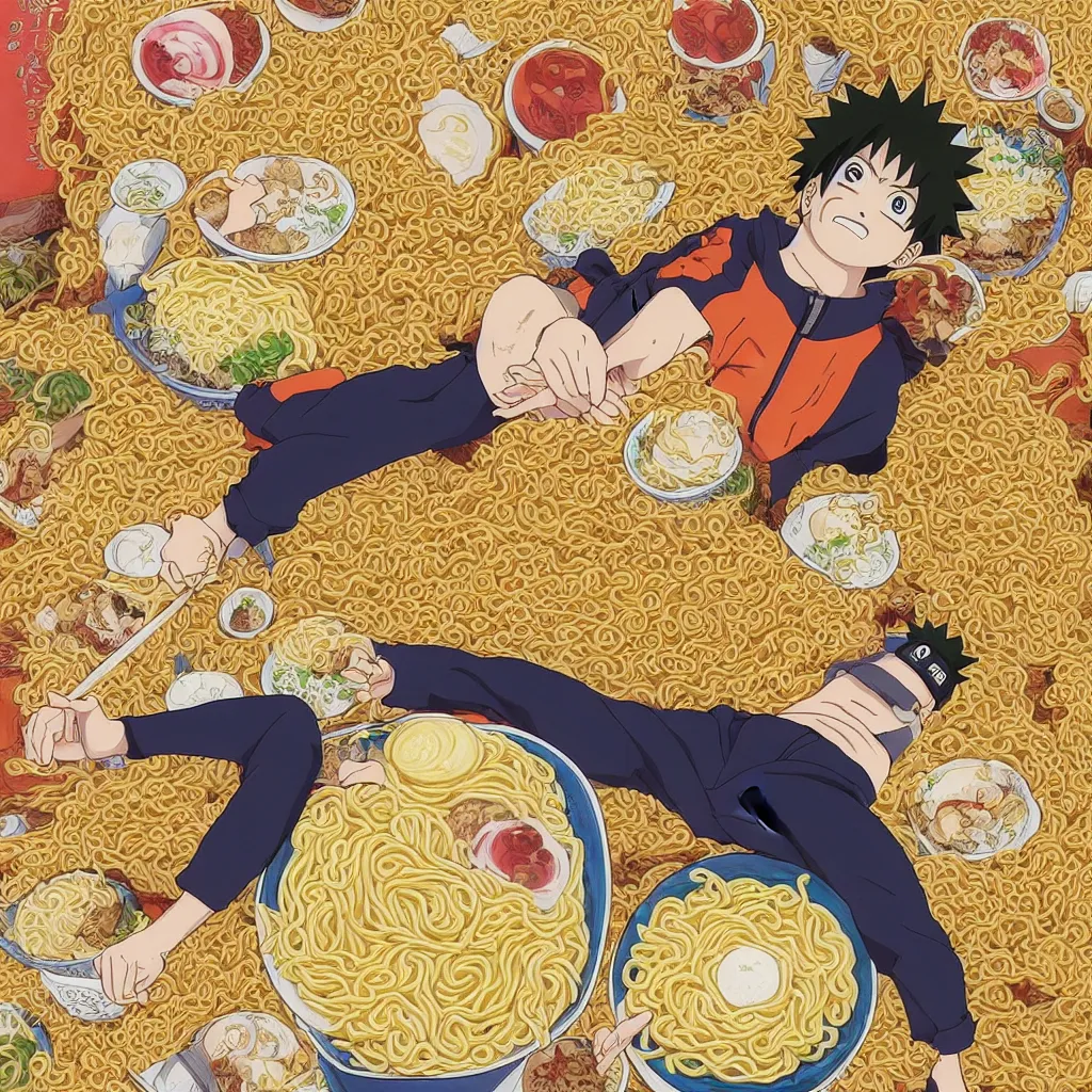 Prompt: a color manga illustration of naruto laying in a pile of ramen noodles and bowls, holding a large bowl of ramen and slurping up noodles. the view is top down. his mood is one of delicious bliss and the sense of the image is abundance. the image is illustrated in high colorful detail by masashi kishimoto and is very very very detailed.