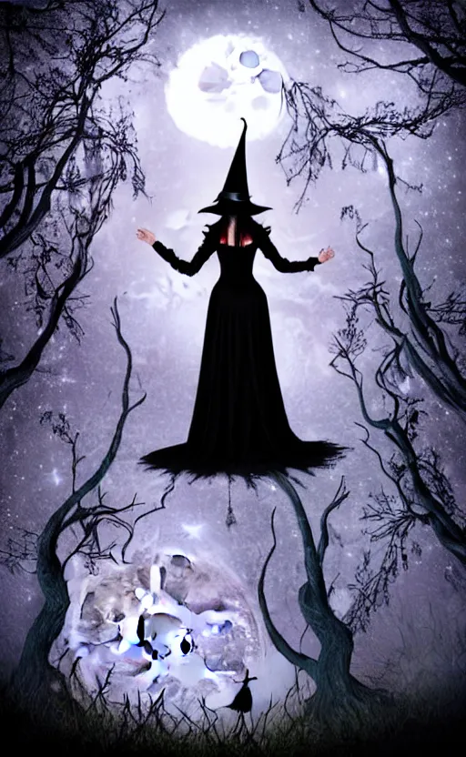 Prompt: witch standing pose in an enchanted forest wearing high heels under a full moon, fantasy gothic art style