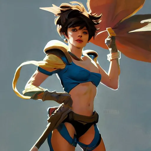 Image similar to greg manchess painting of tracer wearing a knight armor, medium shot, organic painting, sunny day, bold shapes, hard edges, street art, trending on artstation, by huang guangjian and gil elvgren and sachin teng and artgerm and greg rutkowski and alphonse mucha