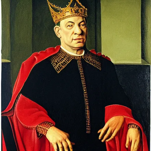 Image similar to A painting of Benjamin Netanyahu sitting in a golden chair wearing a red furred cape and a crown holding a royal ornate rod by Jan Van Eyck