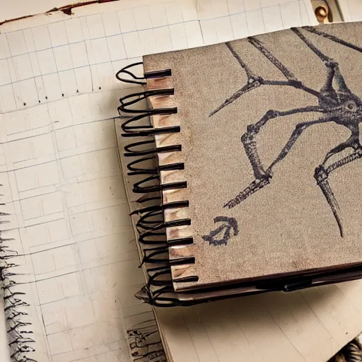 Prompt: a photo of hand skeleton above a dusty diary book, cover with spider web, rusty and old table