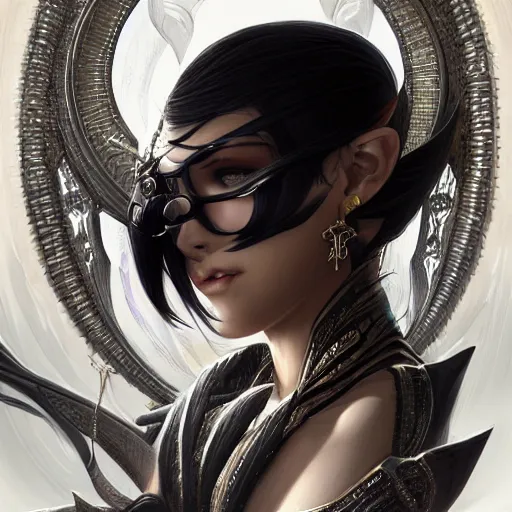 Image similar to a portrait of bayonetta, upper half portrait, urban motifs, intricate, elegant, highly detailed, digital painting, trending on artstation, concept art, smooth sharp focus, illustration, art by artgerm and greg rutkowski