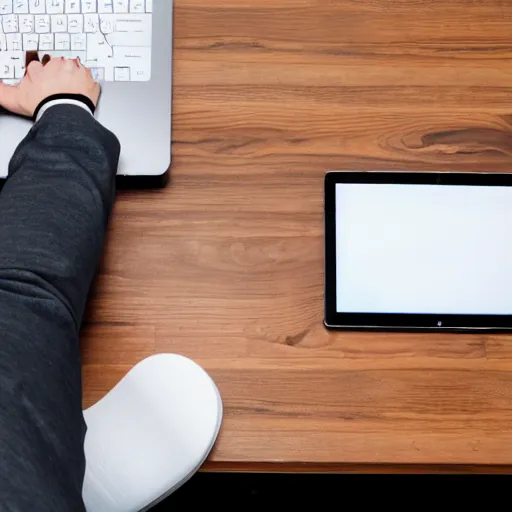 Prompt: Chubby clean-shaven white businessman sitting at a wooden conference table typing on a laptop keyboard, his right black shoe is resting on table next to laptop