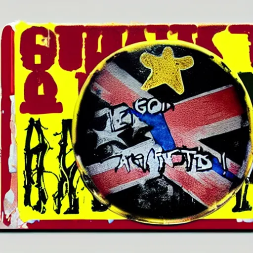 Image similar to painting on a badge, punks not dead!, exploited!!, clash, junk yard, rats!!, god save the queen, punk rock album cover art style, grunge, no future