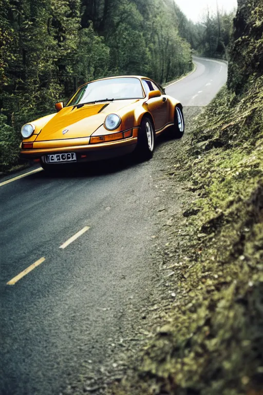 Image similar to Photo of a Porsche 911 Carrera 3.2 on a winding road through mountains and forests. Canon EOS 100, 28-80mm USM MkI, Ektachrome E100