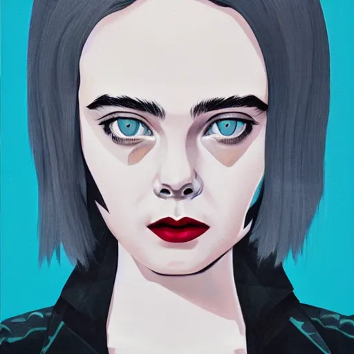 Prompt: Elle Fanning in Aeon Flux picture by Sachin Teng, asymmetrical, dark vibes, Realistic Painting , Organic painting, Matte Painting, geometric shapes, hard edges, graffiti, street art:2 by Sachin Teng:4