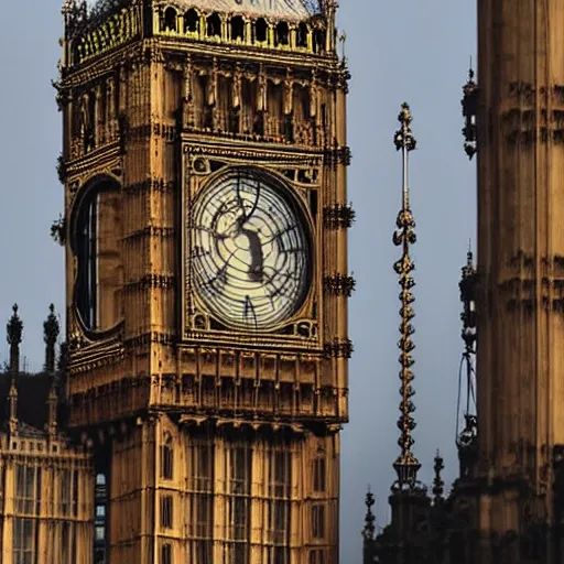 Image similar to Colour photo of steampunk airship docking at Big Ben