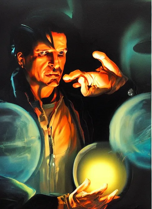 Image similar to zak bagans enamored by a glowing orb, scientific equipment, ghostly!!!, painting by phil hale, fransico goya,'action lines '!!!, graphic style, visible brushstrokes, motion blur, blurry, visible paint texture, crisp hd image