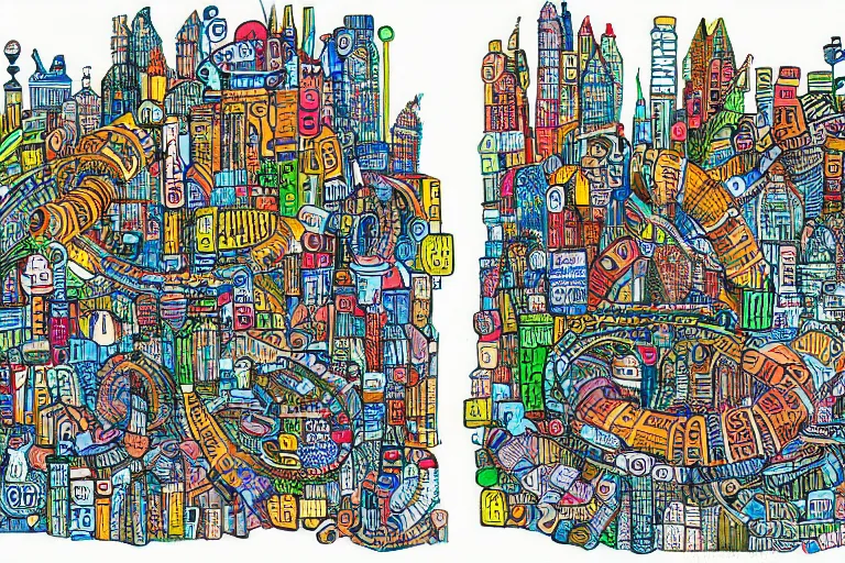 Image similar to an elaborate penned child illustration of a colorful intricate connected city of tubes and pipes, by martin handford and by jan van haasteren