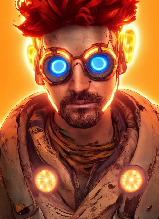 Image similar to glowwave portrait of curly orange hair man from borderlands 3, au naturel, hyper detailed, digital art, trending in artstation, cinematic lighting, studio quality, smooth render, unreal engine 5 rendered, octane rendered, art style by klimt and nixeu and ian sprigger and wlop and krenz cushart.