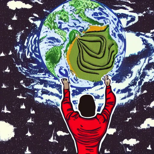 Image similar to Illustration of giant man looking over the planet earth