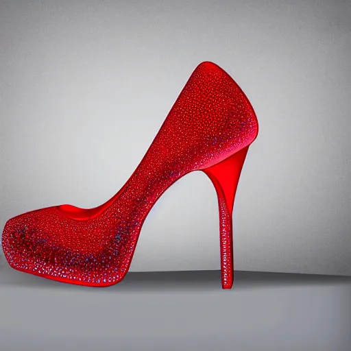 Prompt: High heels, futuristic, red soles, curved, with sparkling gems on top, realistic, showcased on a shelf, high detail, photorealistic, shining