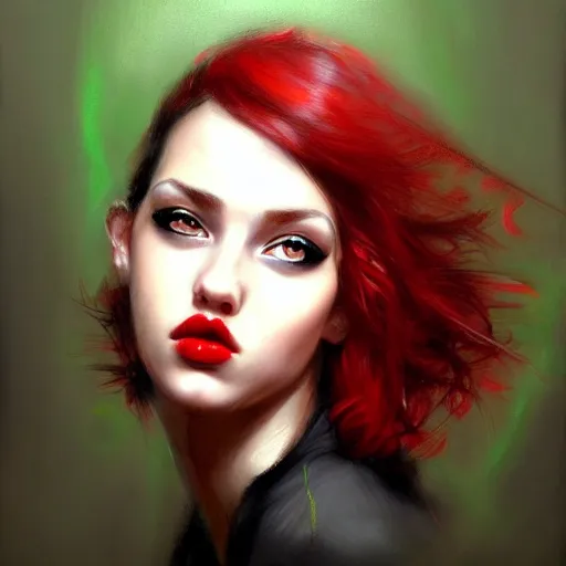 Image similar to a realistic illustration portrait of a beautiful cute girl with curly black and red hair, a pointy nose and, round chin black eyeliner, green pupills, trending on artstation, hyper - realistic lighting, intricate by casey baugh