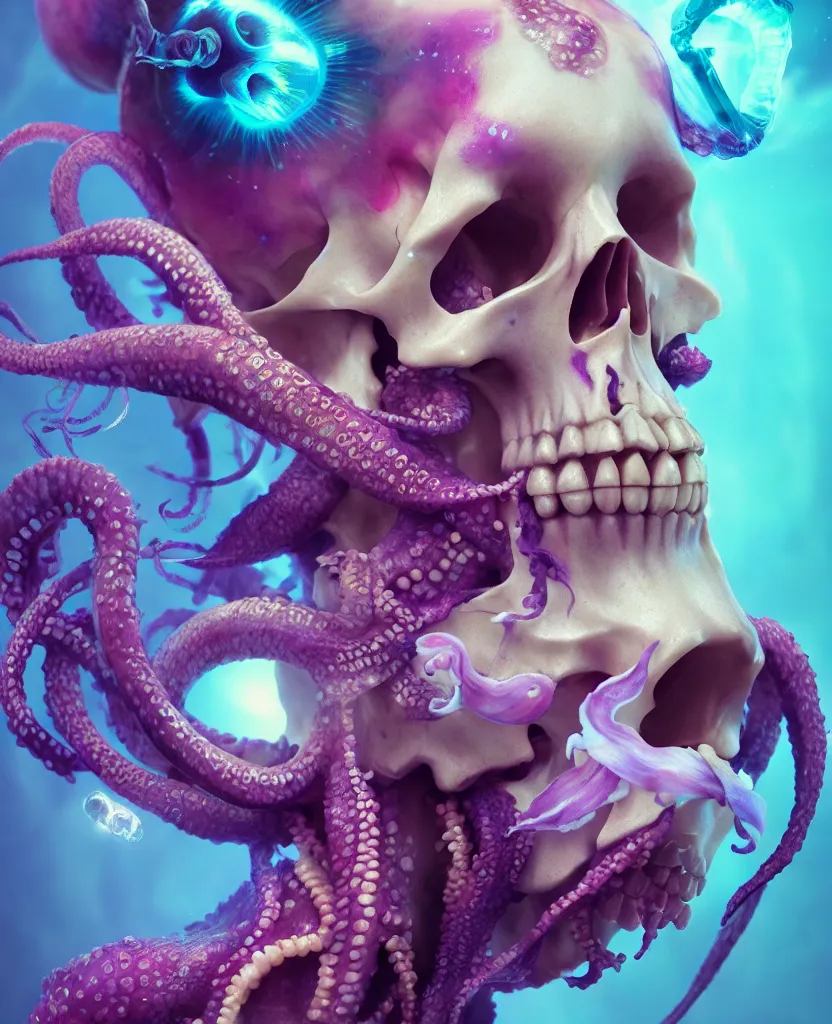 Image similar to goddess close - up portrait human skull, ram skull, squid phoenix jellyfish, orchid, betta fish, bioluminiscent, intricate artwork by tooth wu and wlop and beeple. octane render, trending on artstation, greg rutkowski very coherent symmetrical artwork. cinematic, hyper realism, high detail, octane render, 8 k