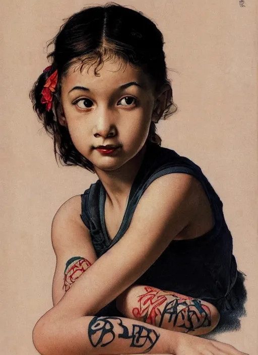 Image similar to a beautiful mixed asian girl with a tattoo on her arm by Norman Rockwell