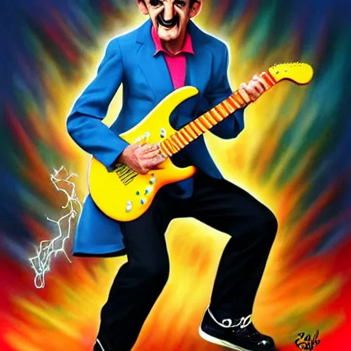 Image similar to Barry Chuckle Shredding on an electric guitar in the style of Jason Edmiston