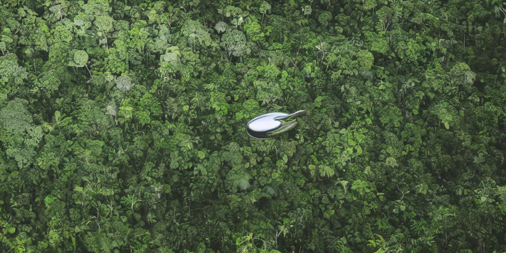 Image similar to photo of a chrome blob hovering in the amazon jungle, cinematic wide shot