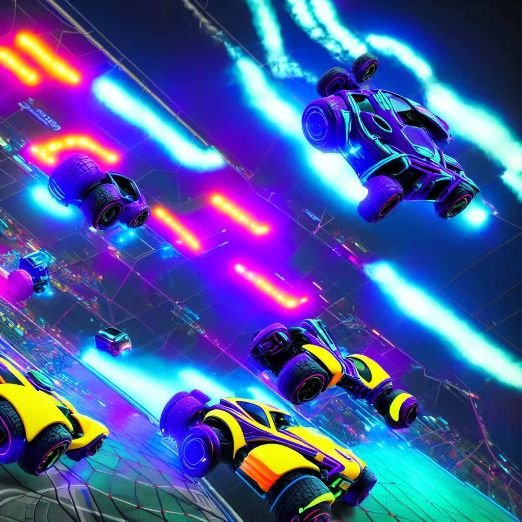 Image similar to rocket league octane, 4 k render, cinema 4 d, hyper realistic, cyberpunk neon lighting,