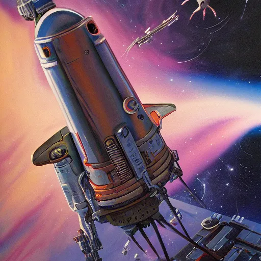 Image similar to second stage is cut, rocket, nebulae, pulp science fiction, 1 9 8 0 s science fiction, 1 9 7 0 s science fiction, alien 1 9 7 9, cyberpunk, 3 d oil painting, depth perception, 4 k, artstation