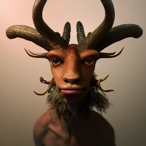 Image similar to A Faun from the movie Pan's Labyrinth, huggy wuggy from poppy playtime video game, fullbody, ultra high detailed, glowing lights, oil painting, Greg Rutkowski, Charlie Bowater, Beeple, unreal 5, DAZ, hyperrealistic, octane render, RPG portrait, dynamic lighting, fantasy art, beautiful face