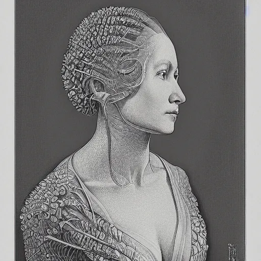 Image similar to bw linear pencil drawing woman portrait by ernst haeckel