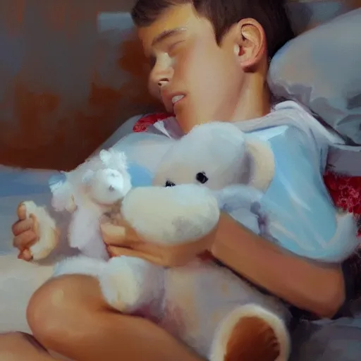 Prompt: oil painting of a boy lying on his bed holding a teddy bear at night, artstation, Detail, HD