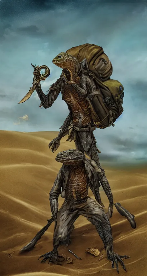 Image similar to charred photograph of a half man half lizard hybrid exploring a dune with treasure in his backpack and a sword in his hand, 4 k, detailed, landscape, realistic, polariod