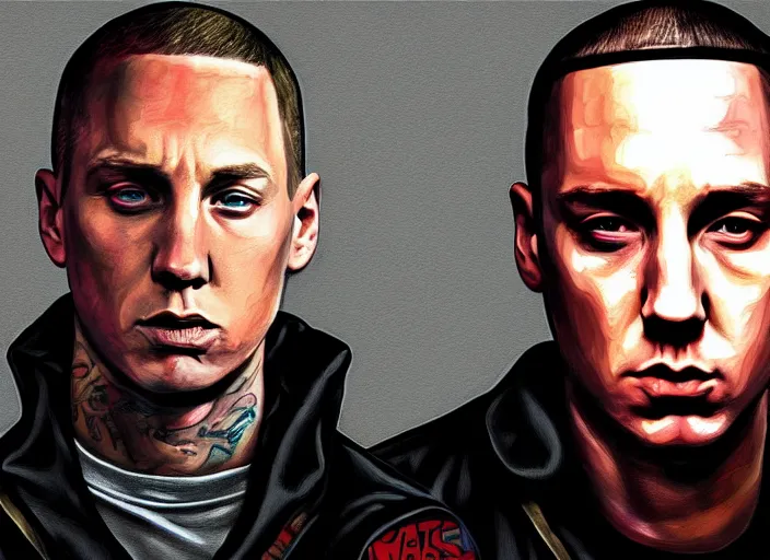 Image similar to eminem in gta v covert art painted by stephen bliss, centered, uncropped, full body, symmetrical face, crispy, trending on artstation, deviantart