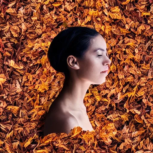 Image similar to portrait sideview woman face made of dry leaves, violet and orange light, foggy milk silk background, elder ring