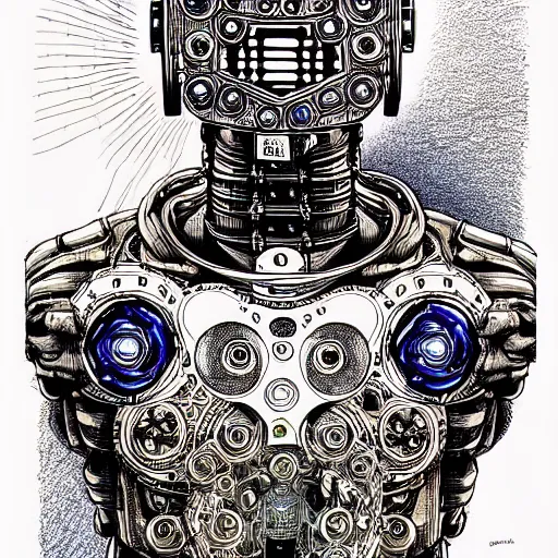 Image similar to the inner robotic self of mark zuckerberg, clockwork engine, psychedelic, lsd, spiritual, mystical, epic beautifully detailed pen, ink and copic markers drawing by milo manara