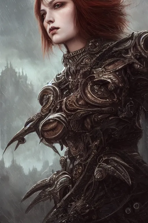 Prompt: ultra realist and ultra intricate detailed soft painting of a female beast covered by a gothic armor, thin lustrous auburn hair fur, symmetry features, sensual gloomy style, soft painting, volumetric clouds, cyberpunk background, artstation, Tom Bagshaw artstyle, unreal render, depth of field