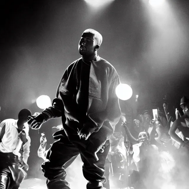 Prompt: A photo of Kanye West performing at a jazz club, black and white, 8K concept art