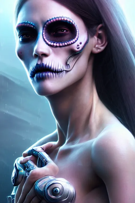 Image similar to ultra detailed side portrait of female android, sharp focus, sci - fi, fantasy art, digital illustration, dia de los muertos. octane render, unreal engine, global illumination, intricate detailed. concept art. art by artgerm and wlop and giger and greg rutkowski and rossdraws and alphonse mucha, 8 k