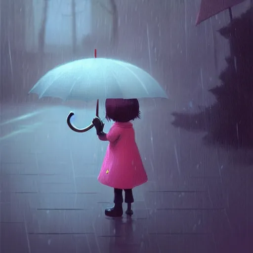 Image similar to a little girl holding an umbrella in the rain, a storybook illustration by atey ghailan, trending on cgsociety, cynical realism, storybook illustration, 2 d game art, rendered in unreal engine