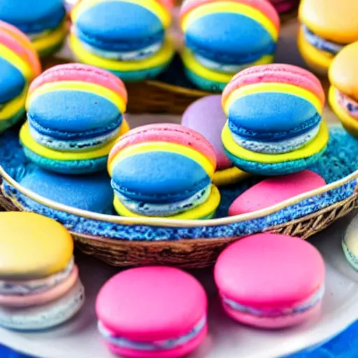 Image similar to A blue jay standing on a large basket of rainbow macarons.