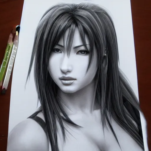 Image similar to hyper realistic pencil drawing of tifa lockheart, detail,