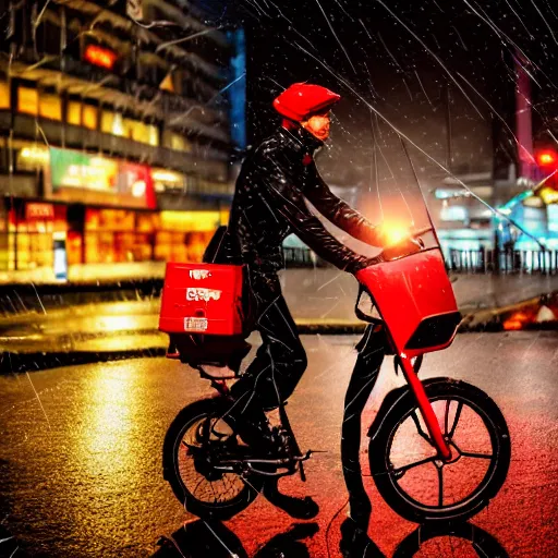 Image similar to food delivery driver with red backpack and futuristic rocket bike working in a rainy night in a cyberpunk city in cyberpunk style