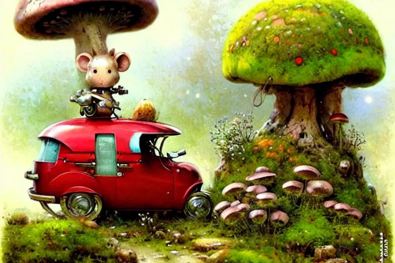 Image similar to adventurer ( ( ( ( ( 1 9 5 0 s retro future robot android mouse wagon in forrest of giant mushrooms, moss and flowers stone bridge. muted colors. ) ) ) ) ) by jean baptiste monge!!!!!!!!!!!!!!!!!!!!!!!!! chrome red