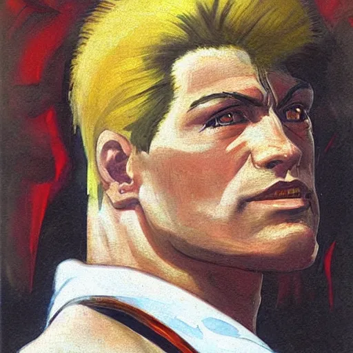 Prompt: ken from street fighter 2 in real life in the style of malczewski, jacek