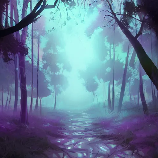 Image similar to a moonlit mystical forest, digital art, neo - noir, anime styled