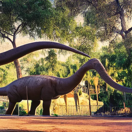 Image similar to photograph of a polaroid of a real brontosaurus exhibit at san diego zoo, tourists in background, bokeh, high definition, slr, golden hour, realistic skin