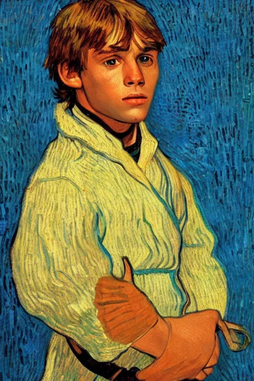 Prompt: bright beautiful oil painting portrait of young luke skywalker in 1 9 th century clothing with a missing ear, light scatter, van gogh